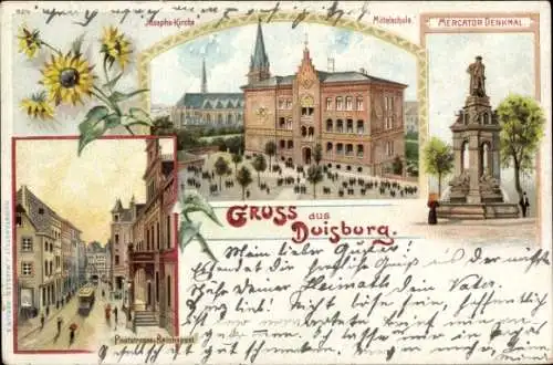 Litho Duisburg im Ruhrgebiet, Josephskirche, Mittelschule, Mercatordenkmal, Poststraße, Reichspost