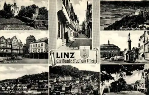 Ak Linz am Rhein, Wappen, Burg Dattenberg, Burg Ockenfels, Burgplatz, Rheinanlagen, Markt