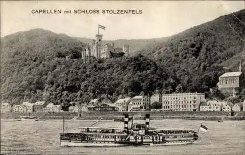 Ak Capellen Kapellen Stolzenfels Koblenz am Rhein, Burg, Dampfschiff