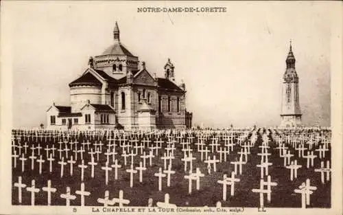 Ak Ablain Saint Nazaire Pas de Calais, Notre Dame de Lorette, Nationalfriedhof, Kapelle und Turm