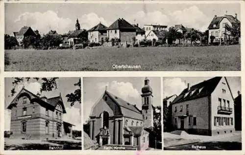 Ak Obertshausen in Hessen, Bahnhof, Katholische Kirche, Rathaus, Totalansicht
