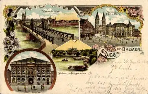 Litho Bremen, Weserbrücke, Weierei, Tivoli Theater, Rathaus, Dom, Börse