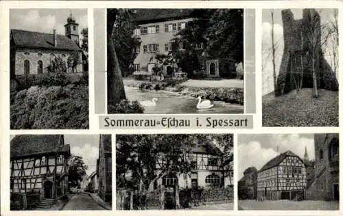 Ak Sommerau Eschau im Spessart, Kirche, Fachwerkhäuser, Schwäne, Turm