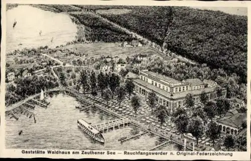 Künstler Ak Berlin Köpenick Schmöckwitz Rauchfangswerder, Gaststätte Waldhaus, Blick von oben