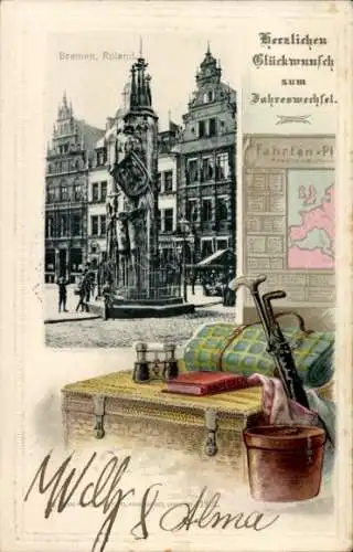 Passepartout Ak Hansestadt Bremen, Roland, Wappen, Wanderstöcke, Fernglas, Reisekoffer