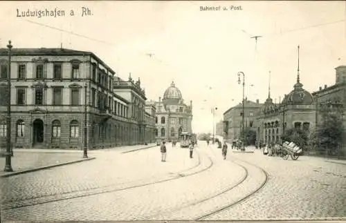 Ak Ludwigshafen am Rhein, Bahnhof, Post, Straßenbahn