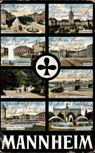 Ak Mannheim in Baden, Friedrichsplatz, Neckarbrücke, Luisenpark, Kaiserring, Paradeplatz, Wasserturm