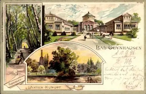 Litho Bad Oeynhausen in Westfalen, Thermalbadehaus, Goldfischteich, Birkenallee