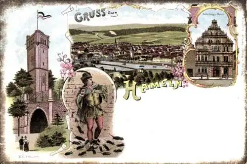 Litho Hameln in Niedersachsen, Rattenfängerhaus, Klütturm, Gesamtansicht, Rattenfänger
