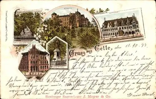 Litho Celle in Niedersachsen, Rathaus, Schloss, Kriegerdenkmal