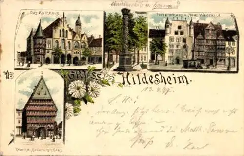 Litho Hildesheim Niedersachsen, Rathaus, Denkmal, Templerhaus, Haus Wedekind, Knochenhaueramtshaus