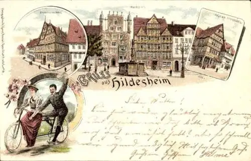 Litho Hildesheim in Niedersachsen, Altdeutsches Haus, Marktplatz, Tandem, Andreasplatz