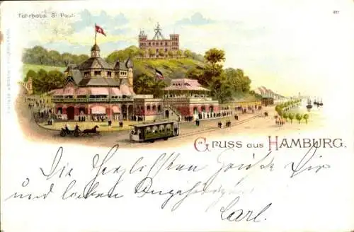 Litho Hamburg Mitte St. Pauli, Fährhaus, Seewarte, Straßenbahn