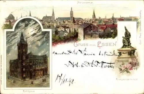 Litho Essen im Ruhrgebiet, Panorama, Rathaus, Kriegerdenkmal