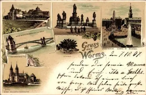 Litho Worms am Rhein, Lutherdenkmal, Neue Verkehrsbrücke, Großherzog-Ludwig IV-Denkmal