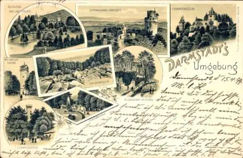 Litho Mühltal im Odenwald, Burg Frankenstein, Auerbacher Schloss, Felsenmeer, Ludwigshöhe