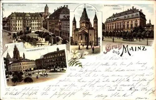 Litho Mainz am Rhein, Großherzogliches Schloss, Gutenbergplatz, Schillerplatz, Dom, Oststeite
