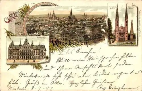 Litho Wiesbaden in Hessen, Panorama, Rathaus, kath. Kirche, Waterloo-Säule