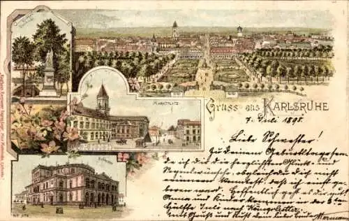 Litho Karlsruhe in Baden, Marktplatz, Kriegerdenkmal, Hoftheater, Panorama