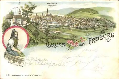 Litho Freiburg im Breisgau, Panorama vom Lorettoberg gesehen, Schwarzwälderin