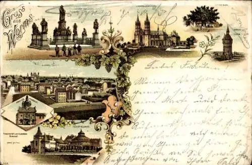 Litho Worms am Rhein, Lutherdenkmal, Wasserturm, Panorama, Festspielhaus