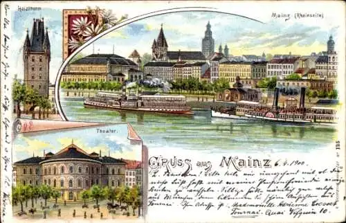 Litho Ak Mainz am Rhein, Stadtansicht, Salondampfer, Theater, Holzturm