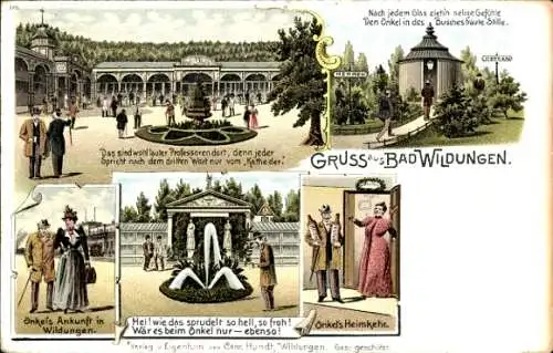 Litho Bad Wildungen in Hessen, Onkel auf Kur, Trinkhalle, Brunnen, öffentliche Toilette