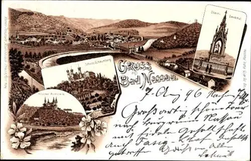 Litho Bad Nassau an der Lahn, Panorama, Steindenkmal, Schloss Schaumburg, Kloster Arnstein