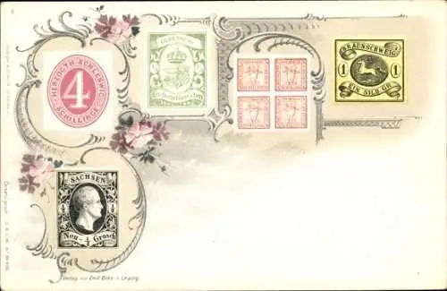 Briefmarken Ak Herzogtum Schleswig 4 Schillinge, Oldenburg, Braunschweig, Sachsen