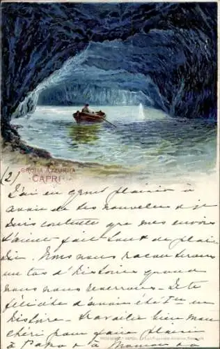 Litho Capri Neapel Campania, Grotta Azzurra, Ruderboot in der Blauen Grotte