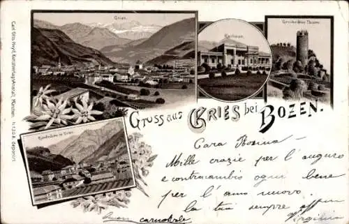 Litho Gries Bozen Bolzano Südtirol, Kurhaus, Turm, Panorama