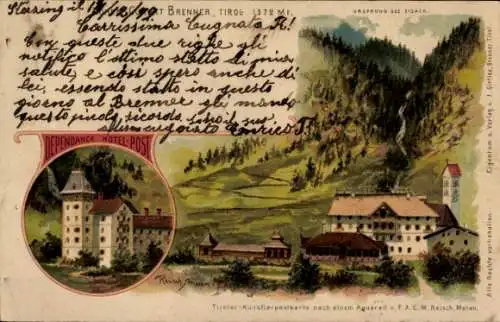 Litho Brenner Tirol Österreich, Hotel Post, Ursprung des Eisack