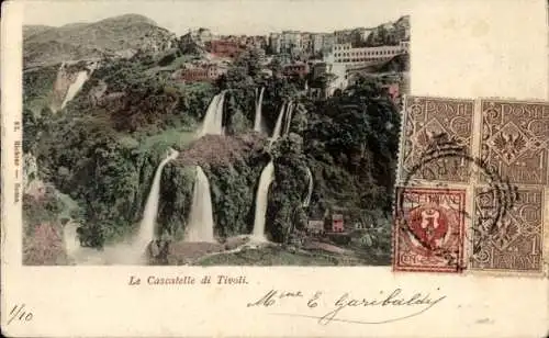 Ak Tivoli Lazio, Blick zu den Wasserfällen, Stadt