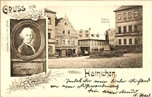 Ak Hainichen in Sachsen, Platz, Gellert-Denkmal, Portrait