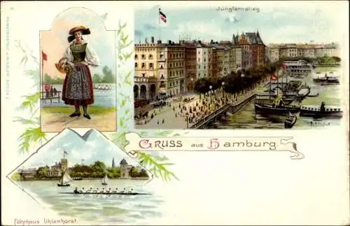 Litho Hamburg Mitte, Jungerfernstieg, Frau in Tracht, Ruderer, Fährhaus Uhlenhorst