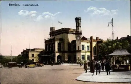 Ak Wrocław Breslau Schlesien, Hauptbahnhof, Autos