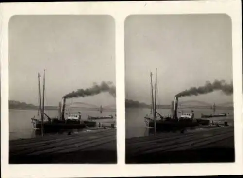 Stereo Foto Düsseldorf am Rhein, Rheinpartie mit Brücke nach Oberkassel