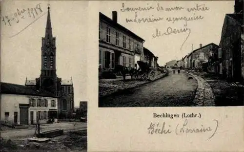 Ak Béchy Bechingen Lothringen Moselle, Kirche, Straßenpartie