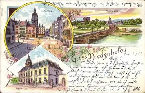 Litho Thionville Diedenhofen Lothringen Moselle, Moselbrücke, Marktplatz, Postgebäude