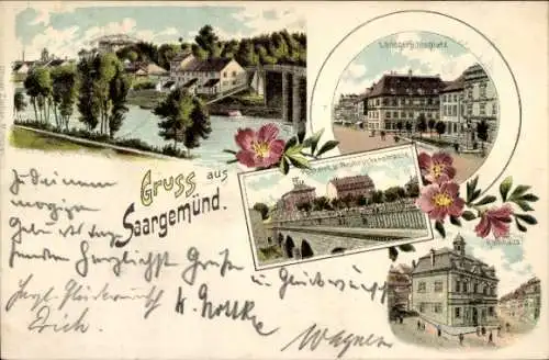 Litho Sarreguemines Saargemünd Lothringen Moselle, Landgerichtsplatz, Rathaus, Neubrückenstraße