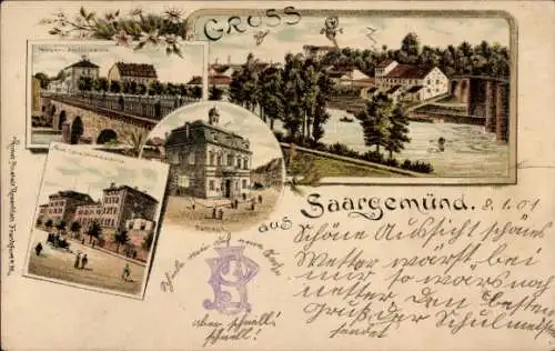 Litho Sarreguemines Saargemünd Lothringen Moselle, Rathaus, Kavalleriekaserne