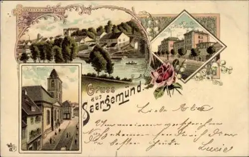 Litho Sarreguemines Saargemünd Lothringen Moselle, Kavalleriekaserne, Kirche