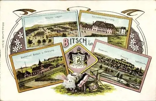 Litho Bitche Bitsch Lothringen Moselle, Neues Lager, Garnison Verwaltung, Bahnhof, Festung