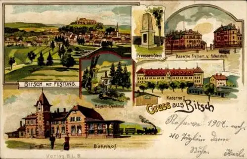 Litho Bitche Bitsch Lothringen Moselle, Panorama, Festung, Bahnhof, Kaserne Freiherr v. Falkenstein