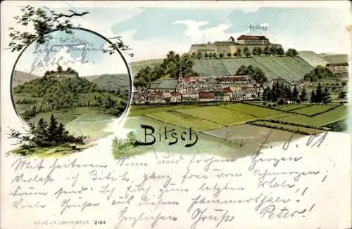 Litho Bitche Bitsch Lothringen Moselle, Blick zur Festung, Fort Sebastian