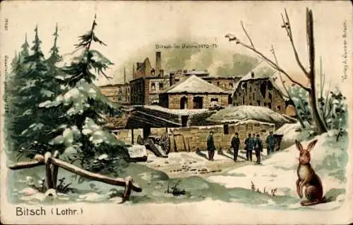 Präge Litho Bitche Bitsch Lothringen Moselle, Stadtansicht 1870-71, Winter, Hase