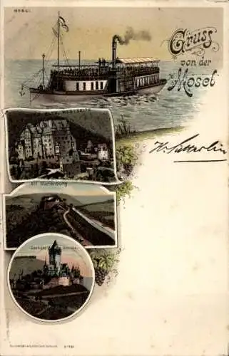 Litho Gruß von der Mosel, Salondampfer, Alf, Burg Eltz