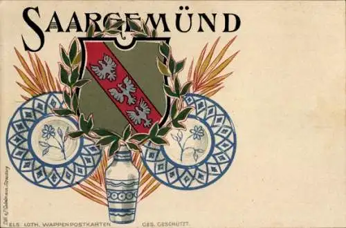 Wappen Litho Sarreguemines Saargemünd Lothringen Moselle, Teller, Vase