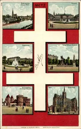 Litho Metz Moselle, Mittelbrücke, Theater, Esplanade, Kaiser Wilhelm Reiterdenkmal, Deutsches Tor