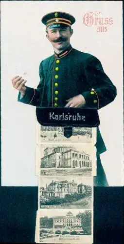 Leporello Ak Karlsruhe in Baden Württemberg, Postbote, Stadtansichten